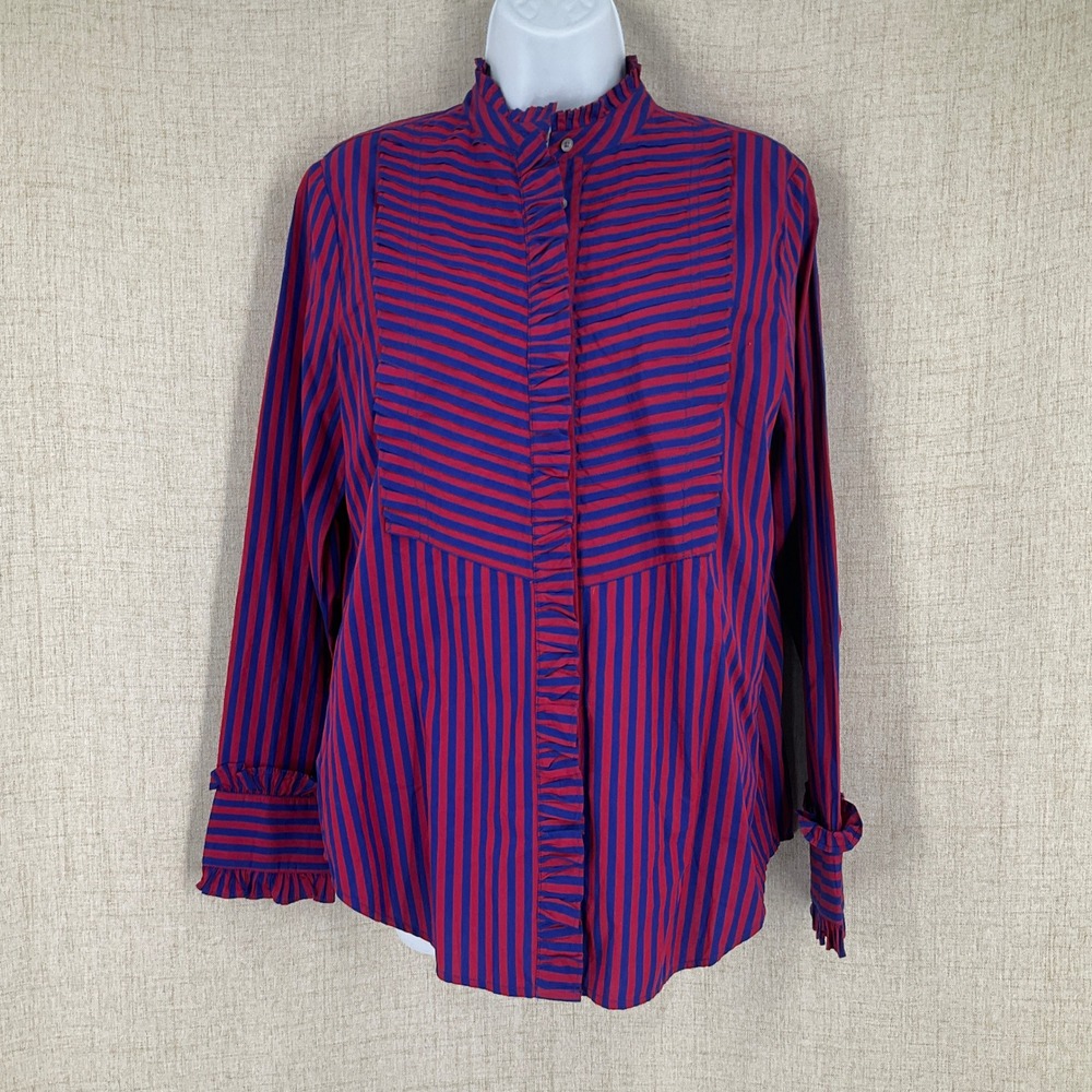 J.Crew Ruffle‎ Trim Striped Blouse Women Size S Red Blue Cotton Preppy NEW